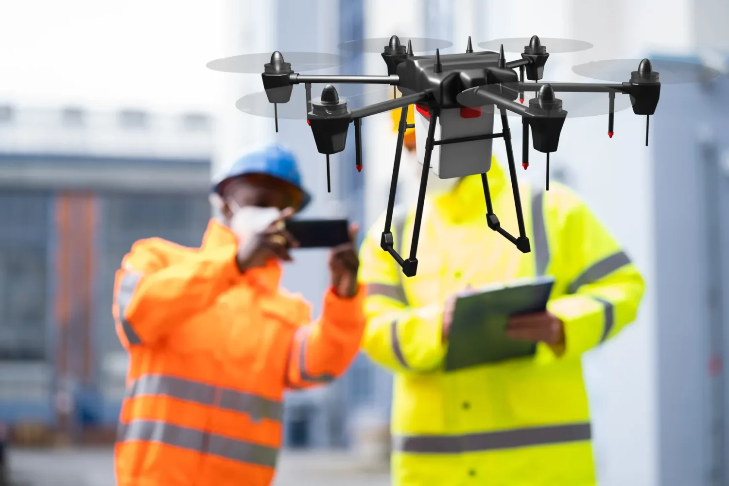Two workers in high-visibility jackets interact with a drone on a construction site, one holding a smartphone, the other a tablet.